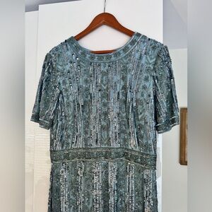 Mac Duggal - Blue High Neck Short Sleeve Crystal Fringe Column Dress